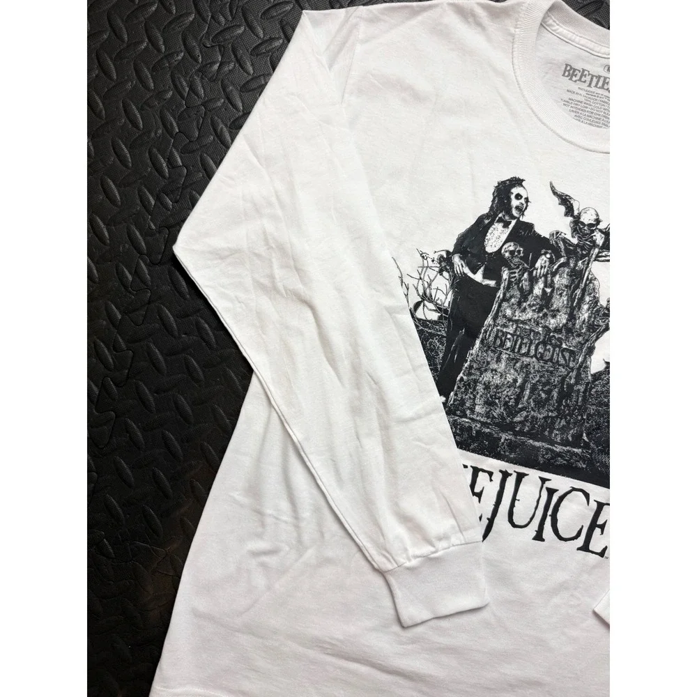 Beetlejuice Graphic Long Sleeve T-Shirt Mens Medium White Tombstone Movie Tee